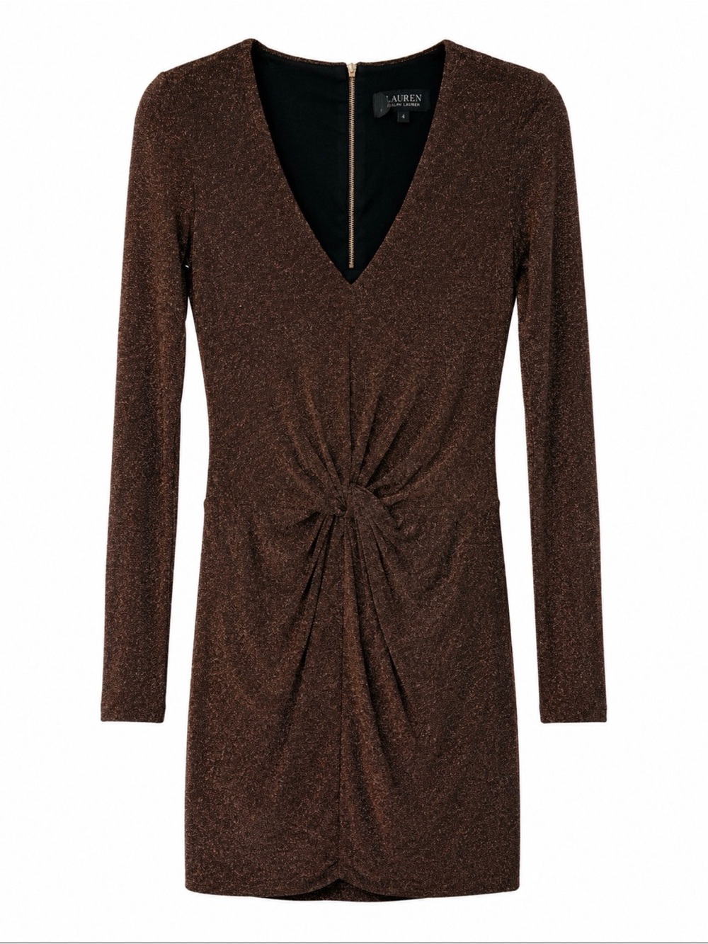 Ted Baker London Brown Metallic Long-Sleeve Knot-Front Dress